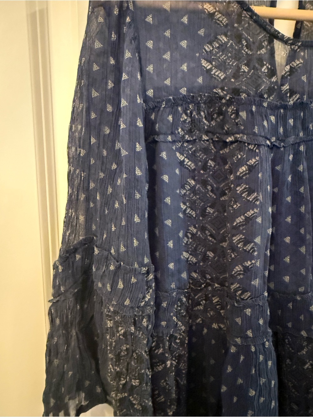 Lucky Brand Whimsigoth Navy Blue Sheer Tiered Boho Peasant Blouse Size M Top - Picture 6 of 10